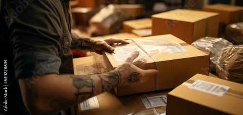 Office worker affixes label on package in close-up courier delivery scene.