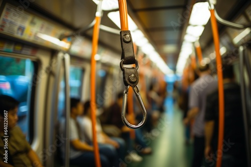 Perspective on safety: Blurred hand holds subway strap, ensuring secure public transportation.