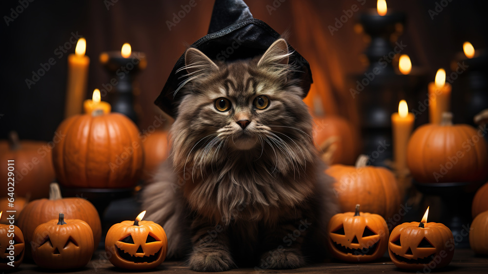 Cute Adorable Halloween Black Cat in Witch Hat, Glowing Jack o' Lanterns, Carved Pumpkin, and Candles on Eerie Dark Background. Spooky Party Celebration, Enchanting Halloween Scene Holiday Decorations Cute Adorable Halloween Black Cat in Witch Hat, Glowing Jack o' Lanterns, Carved Pumpkin, and Candles on Eerie Dark Background. Spooky Party Celebration, Enchanting Halloween Scene Holiday Decorations