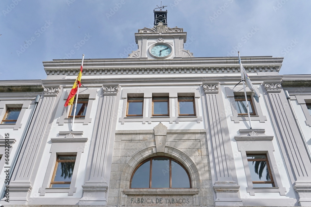 Detail of the facade of the old 'Fabrica de Tabacos', in the city of Coruna. It currently houses the Provincial Court Coruna, Galicia, Spain 04/28/2023