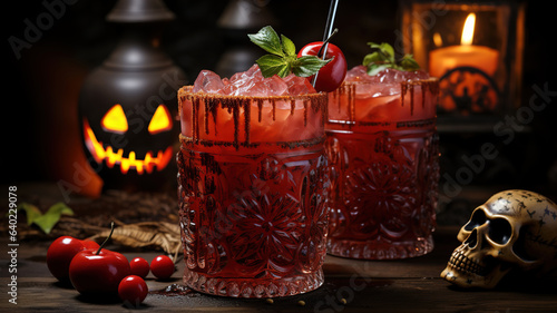 Halloween Cocktail Party with Bloody Mary Glass Drink, Jack O' Lantern Carved Pumpkin, Scull and Candles decor background. Tasty Red Cocktail Close-up view, pumpkin with carved face. generative ai