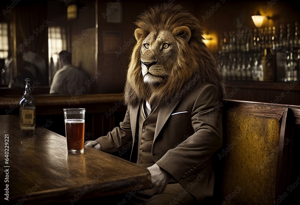 A lion sits at the bar. AI Generated