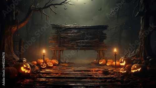 Halloween Party Card - Pumpkins, Glowing Jack O' Lanterns In Spooky Forest Graveyard At Night With Wooden Sign Board, Misty Dusk with Burning Candles Background in the dark, Copy Space