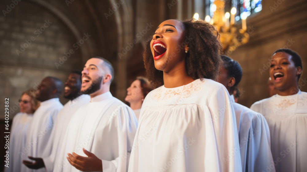 Fototapeta premium Gospel choir group with their typical tunics, choral singing inside a church