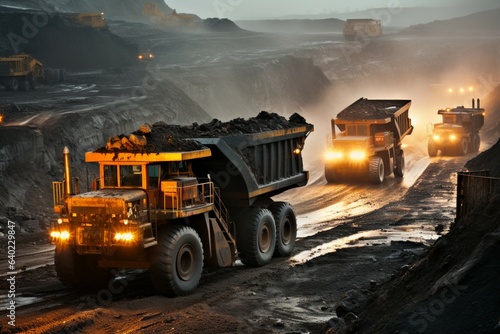 Vibrant coal mine scene: Heavy trucks, excavators dominate in bustling mining industry.