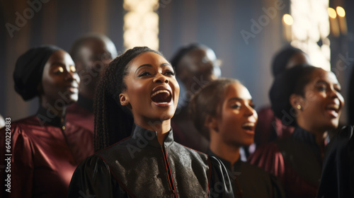 Gospel choir group with their typical tunics, choral singing inside a church © Keitma