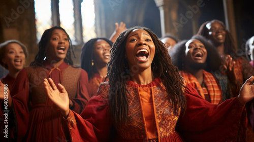 Fotografia Gospel choir group with their typical tunics, choral singing inside a church
