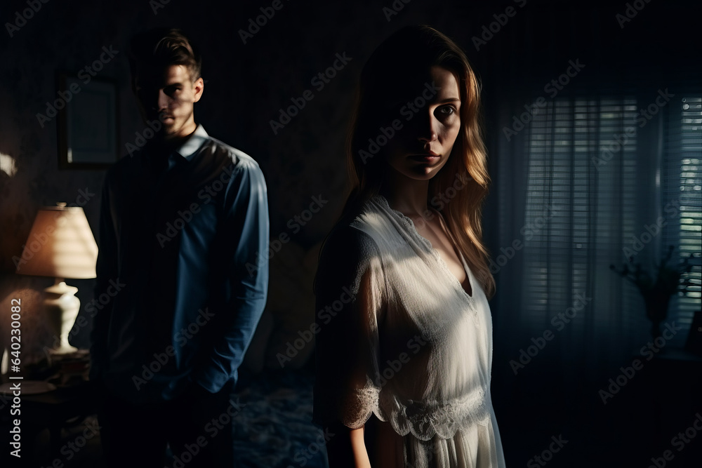 Couple with cold relations in a dark shadow room, husband and wife looking in different direction , relationship issues concept