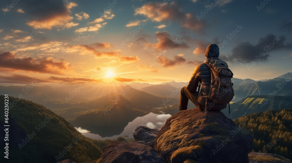 Man hiker sitting on top of a mountain with a backpack, looking at the sunset with sky and clouds background landscape