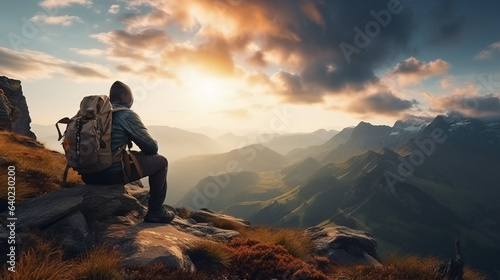 Man hiker sitting on top of a mountain with a backpack, looking at the sunset with sky and clouds background landscape