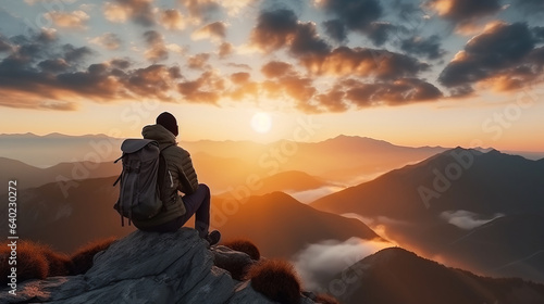 Man hiker sitting on top of a mountain with a backpack  looking at the sunset with sky and clouds background landscape