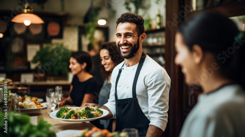 Smiling male cook is serving dish to restaurant customers and chat with them