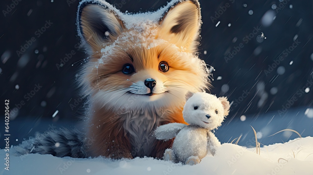 Fox kit with big eyes, nose nuzzled against a snowman's carrot nose. Winter woods with a clear, snow-covered glade. Fox kit with big eyes, nose nuzzled against a snowman's carrot nose. Winter woods with a clear, snow-covered glade.