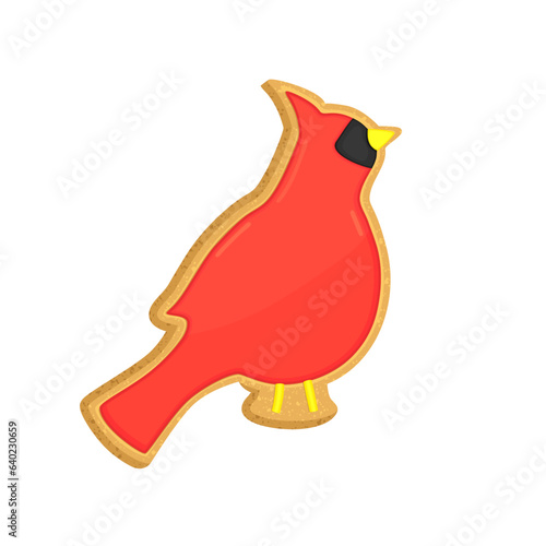 Christmas sugar cookie cardinal bird. Xmas vector illustration with cute red winter bird cookie shape decorated with colorful icing. Holiday sugar cookie bisquit.