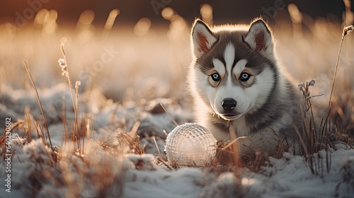 Husky puppy with a jingle bell collar, playfully pouncing on a Christmas bauble. A frosty meadow backdrop with an untouched, glittering patch of frost photo