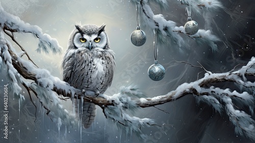 Leinwand Poster Owl fledgling perched on a snowy branch, mesmerized by a hanging Christmas ornament