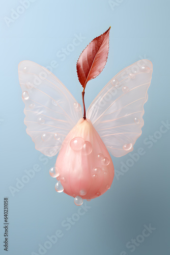 Conceptual photo of pear with water drops and wings of butterfly
