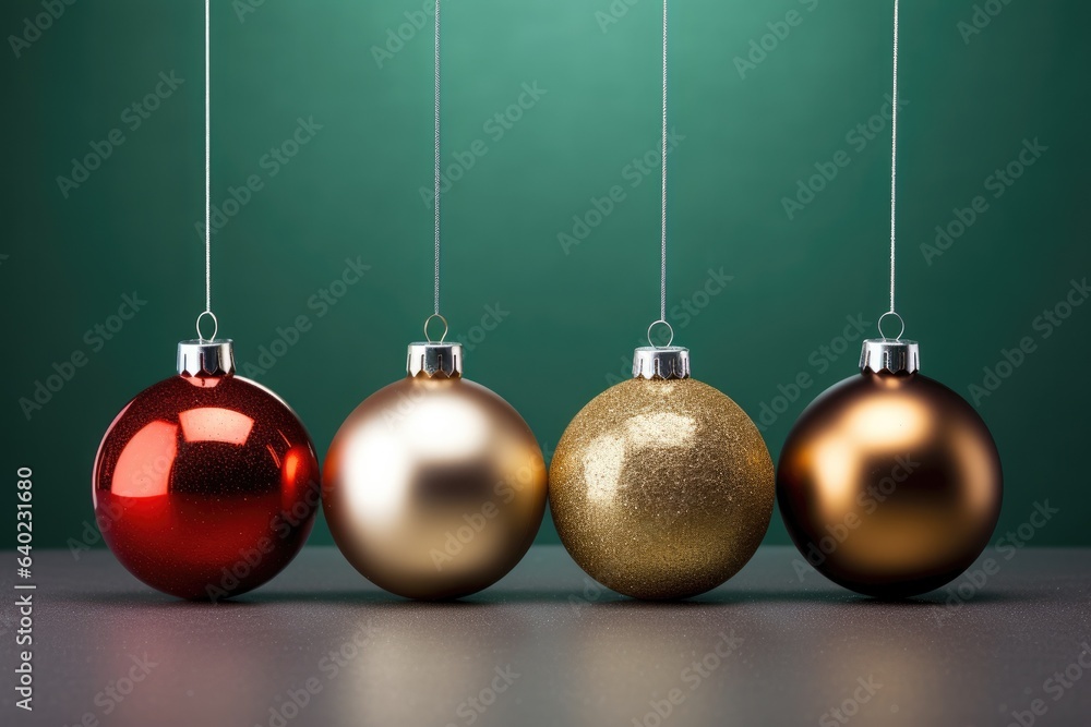 a festive row of Christmas ornaments hanging from strings