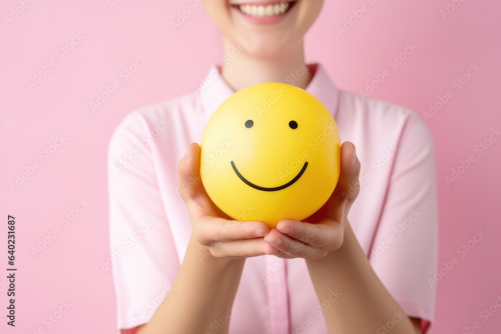 a woman holding a yellow ball with a smiley face on it
