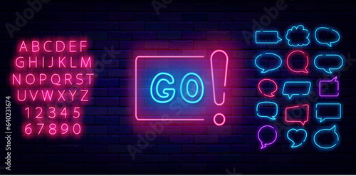 Go neon label on brick wall. Speech bubbles frames set. Sport symbol. Glowing pink alphabet. Vector stock illustration