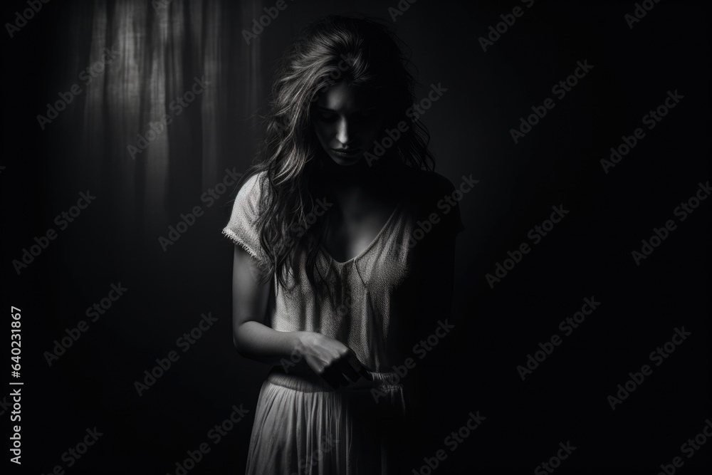 a woman in a white dress standing in a dark room