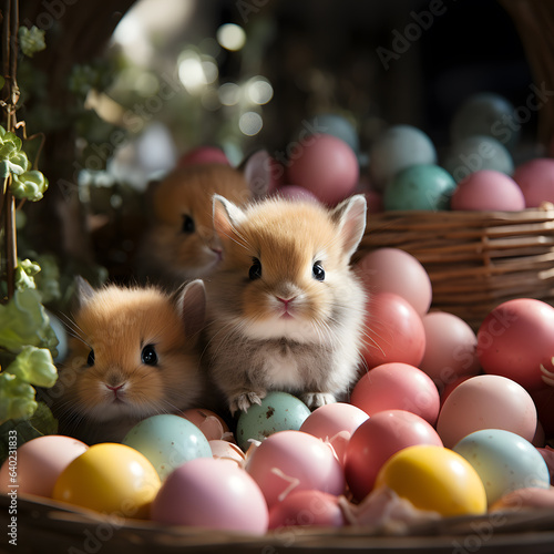 Little Easter rabbits surrounded with colorful eggs and flowers