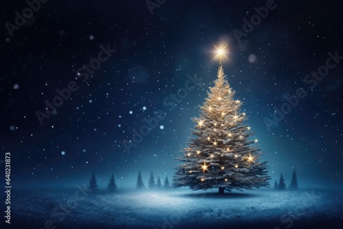 a beautifully lit Christmas tree standing tall in a picturesque snowy field