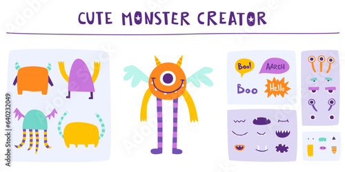 Funny monster constructor for kids. Custom cartoon monster creator from parts. Vector set of cute beast elements.