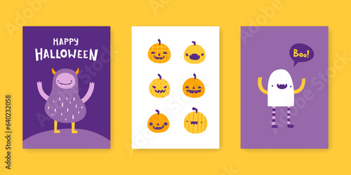 Halloween party cards set. Kids halloween prints collection with abstract monster, ghost and pumpkins.