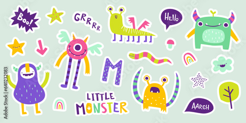 Set of cute doodle monster stickers. Vector collection of friendly beasts for kids. Bright cartoon monsters sticker bundle.