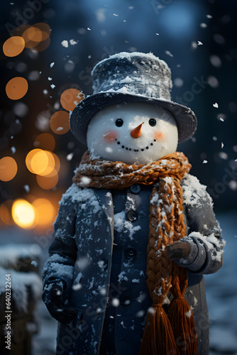 Christmas snowman with cozy warm hat and scarf, in the snowy romantic night. New Year concept art