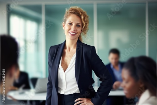 smiling businesswoman in the office during a business meeting