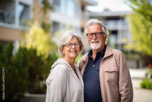 portrait of an elderly couple standing in a residential area photo