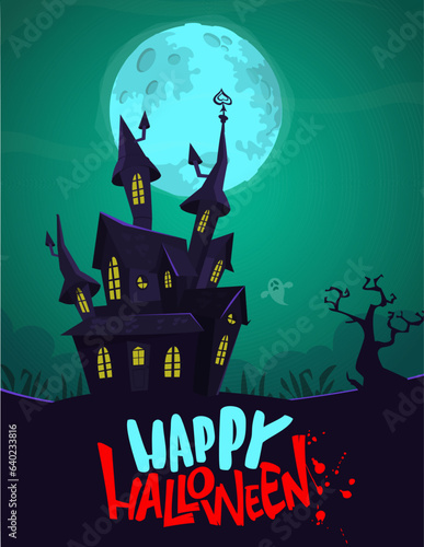 Halloween haunted house cartoon illustration. Vector horror scary mansion on the night background with moon. Party poster. photo