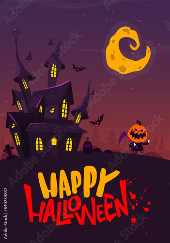 Halloween haunted house cartoon illustration. Vector horror scary mansion on the night background with moon. Party poster.
