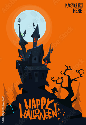 Halloween haunted house cartoon illustration. Vector horror scary mansion on the night background with moon. Party poster. photo