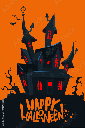 Halloween haunted house cartoon illustration. Vector horror scary mansion on the night background with moon. Party poster. photo