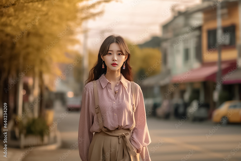 Fototapeta premium Pretty charming young woman with t shirt holding light pink flower inside road. Close up portrait of an attractive young woman holding bouquet and looking camera. Generative AI.