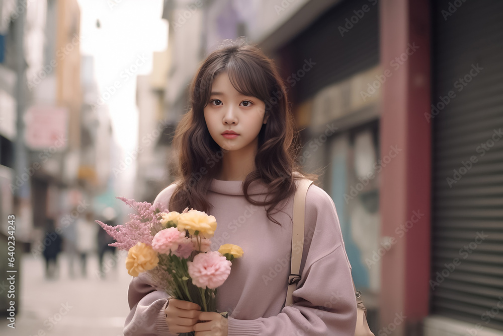 Pretty charming young woman with t shirt holding light pink flower inside road. Close up portrait of an attractive young woman holding bouquet and looking camera. Generative AI. Pretty charming young woman with t shirt holding light pink flower inside road. Close up portrait of an attractive young woman holding bouquet and looking camera. Generative AI.