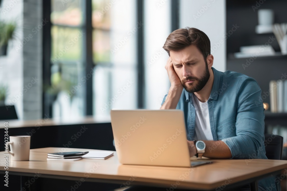 Man sit at table with notebook. Business or finance leader or manager concept. Generative AI Man sit at table with notebook. Business or finance leader or manager concept. Generative AI