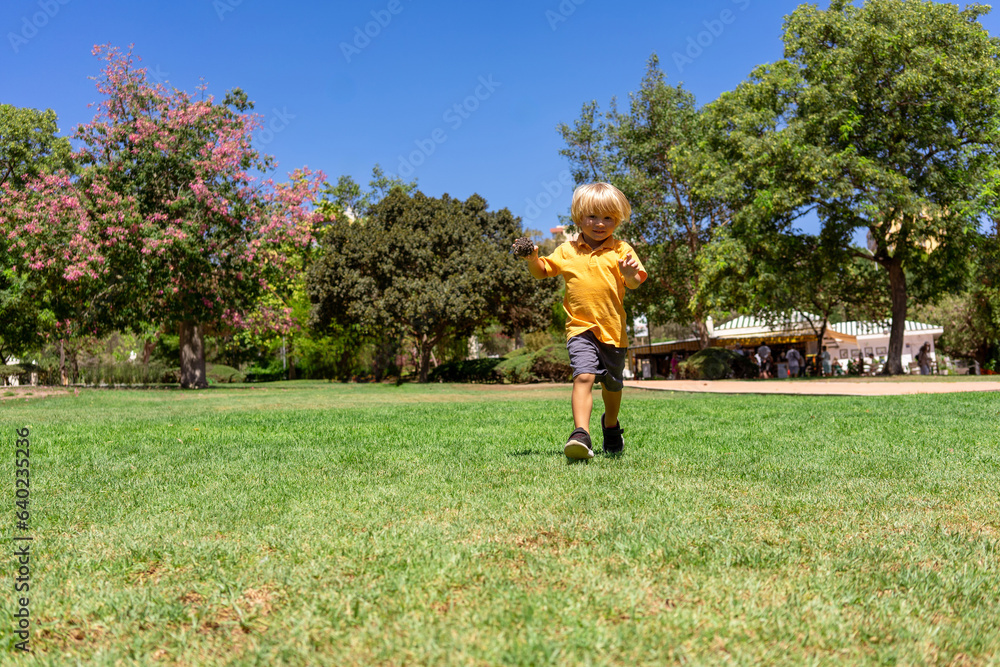 a little blond boy of three years old runs in the park on the green grass a little blond boy of three years old runs in the park on the green grass