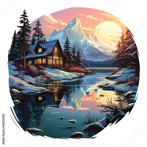 A serene and tranquil Christmas gift scene by a frozen lake, a wooden cabin nestled among snow-covered pines, Generative Ai