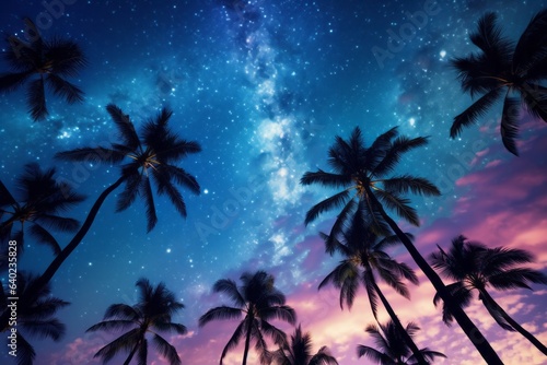 Palms trees in summer on a beach at night with clear night sky view. 