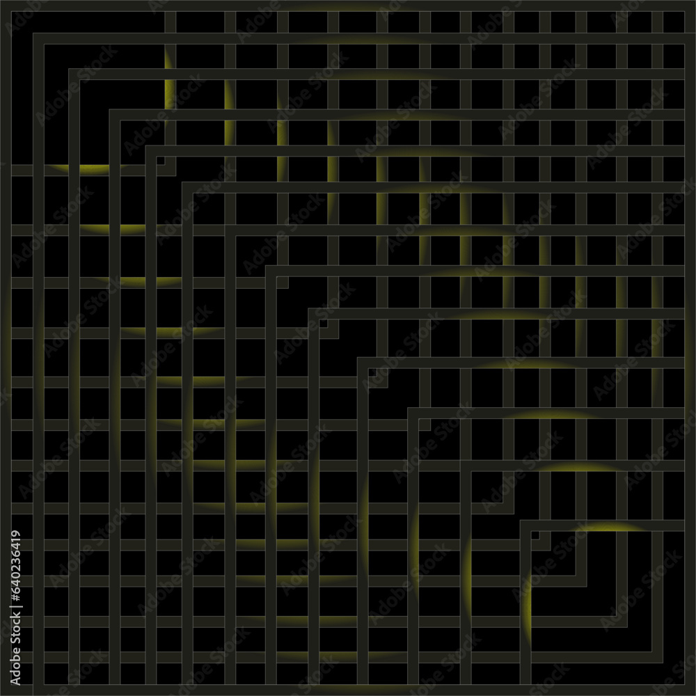 Vector abstract geometric illustration in the form of a lattice shimmering in gold on a black background