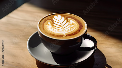 Exquisite coffee cups with intricate latte art on rustic wood background, a perfect blend of artistry and warmth in every sip