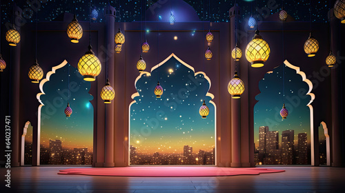 Vibrant Ramadan Kareem Islamic backdrops adorned with lanterns, radiating festive hues and spiritual warmth photo