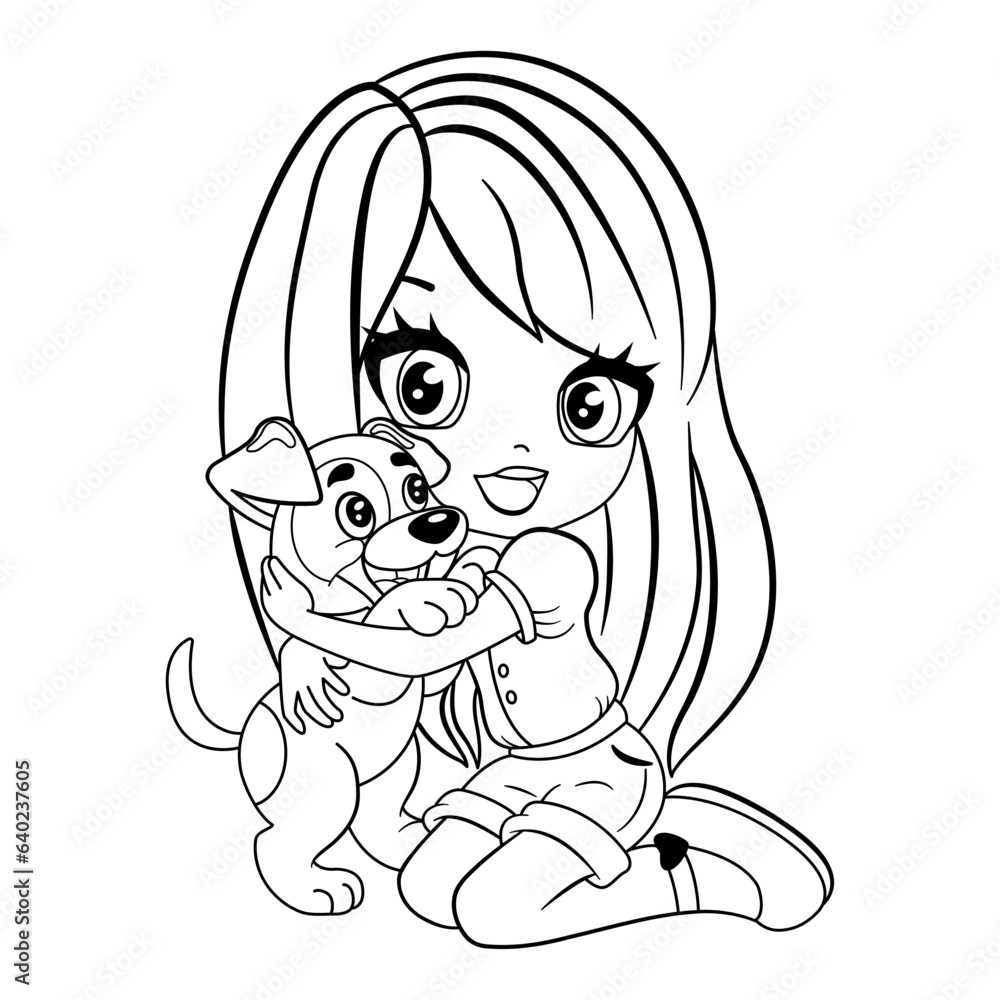 Cheerful Chibi Girl with Dog for Coloring Page. Vector Illustration ...