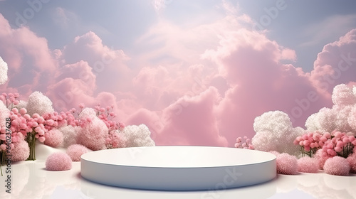 Transform your product display with a natural beauty, a pink and white flower podium backdrop against a dreamy sky