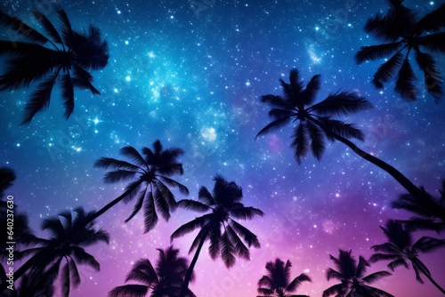 Palms trees in summer on a beach at night with clear night sky view