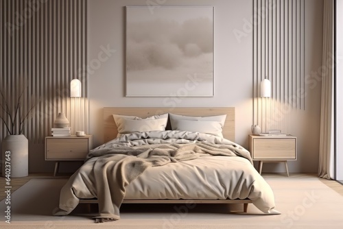 Cozy beige Japandi bedroom Interior 3D render generative ai